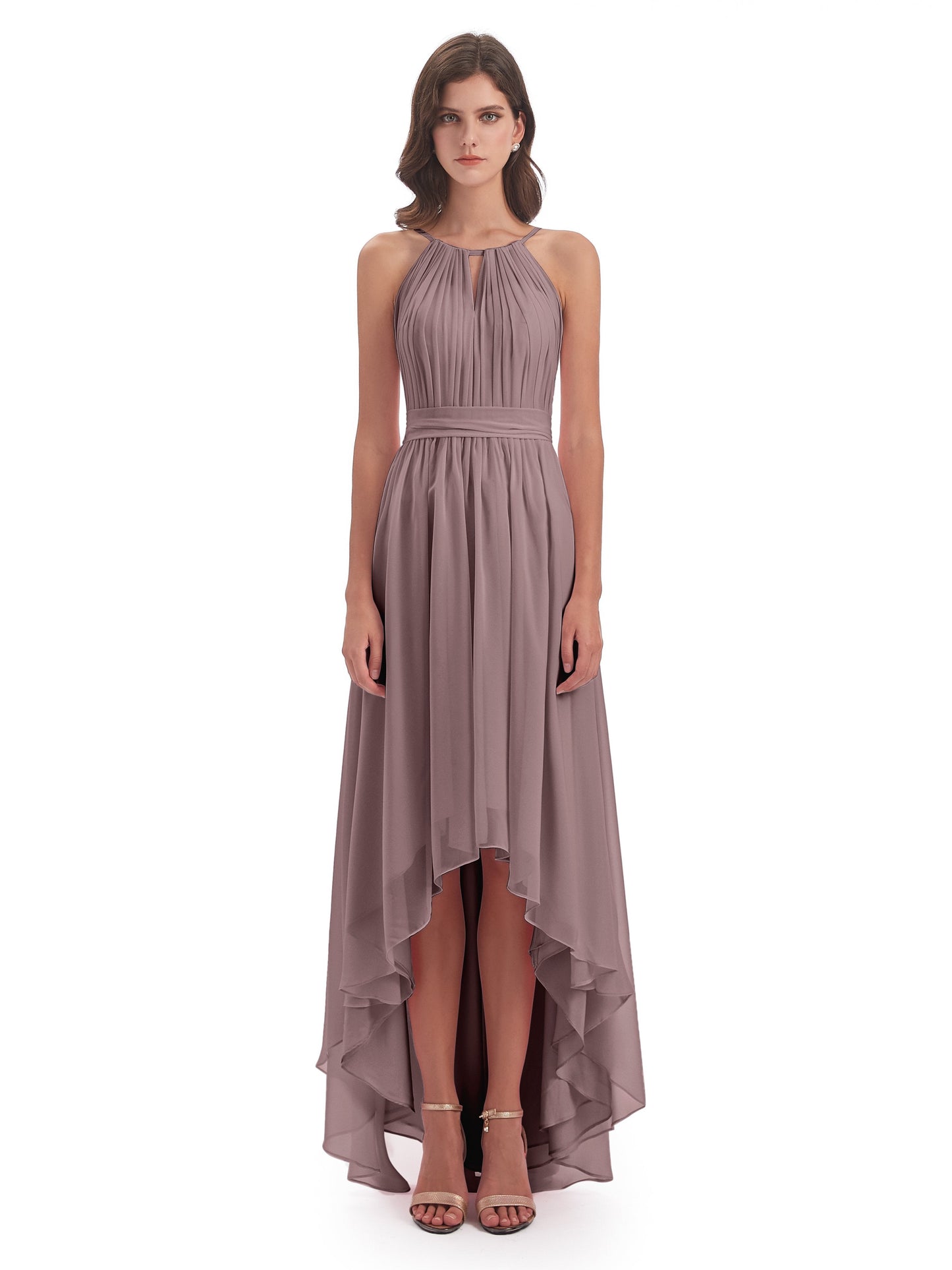 Oaklee Asymmetrical High Low Halter Chiffon Bridesmaid Dresses