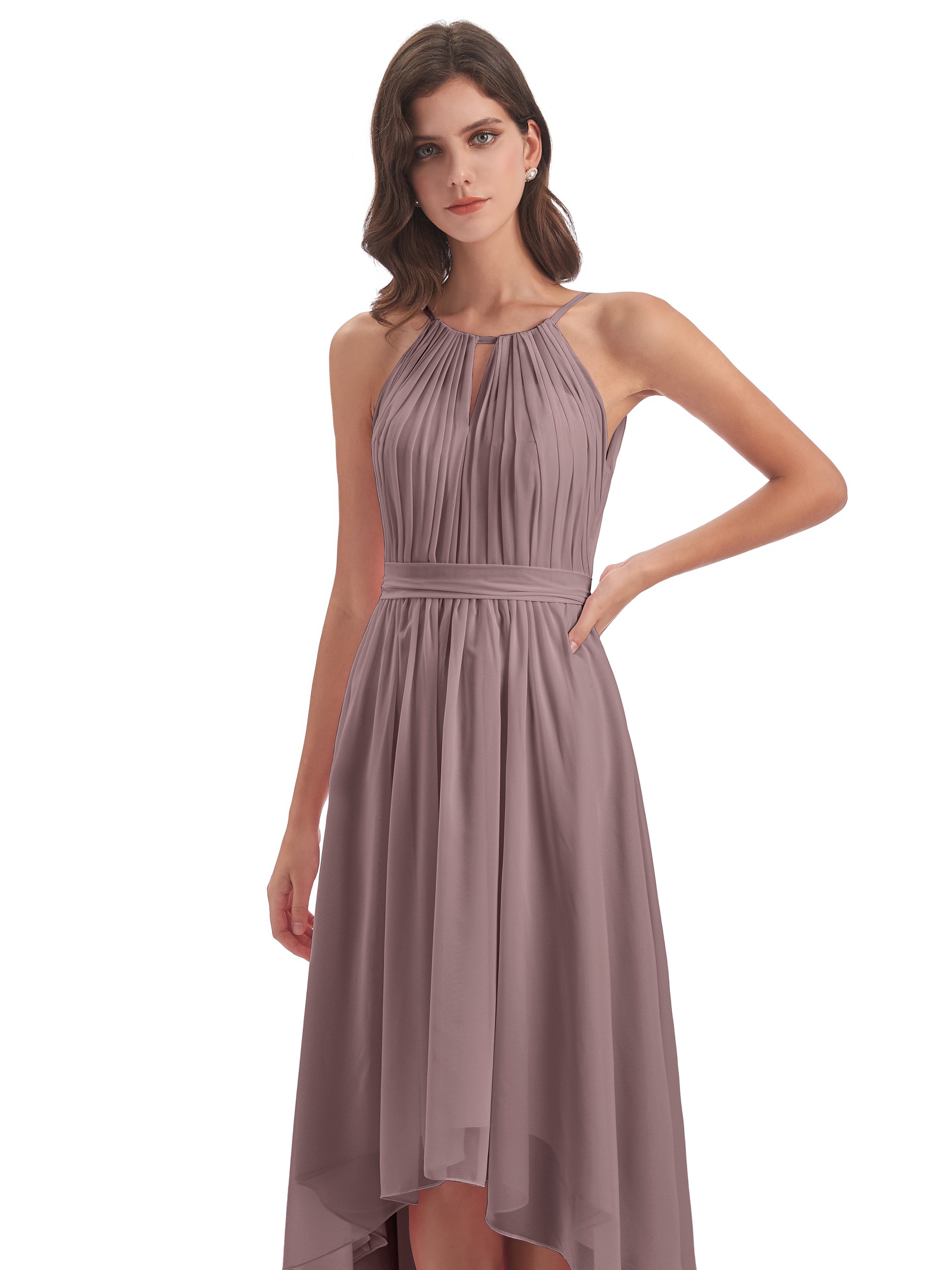 Oaklee Asymmetrical High Low Halter Chiffon Bridesmaid Dresses
