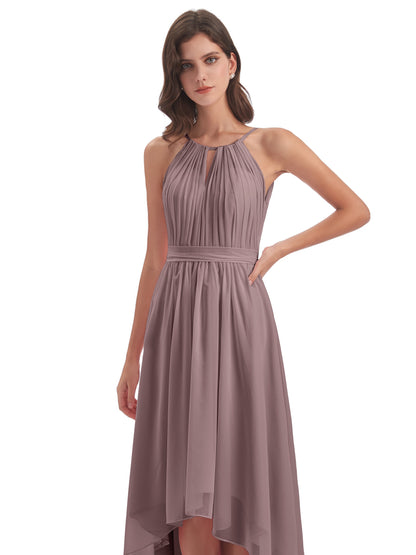 Oaklee Asymmetrical High Low Halter Chiffon Bridesmaid Dresses