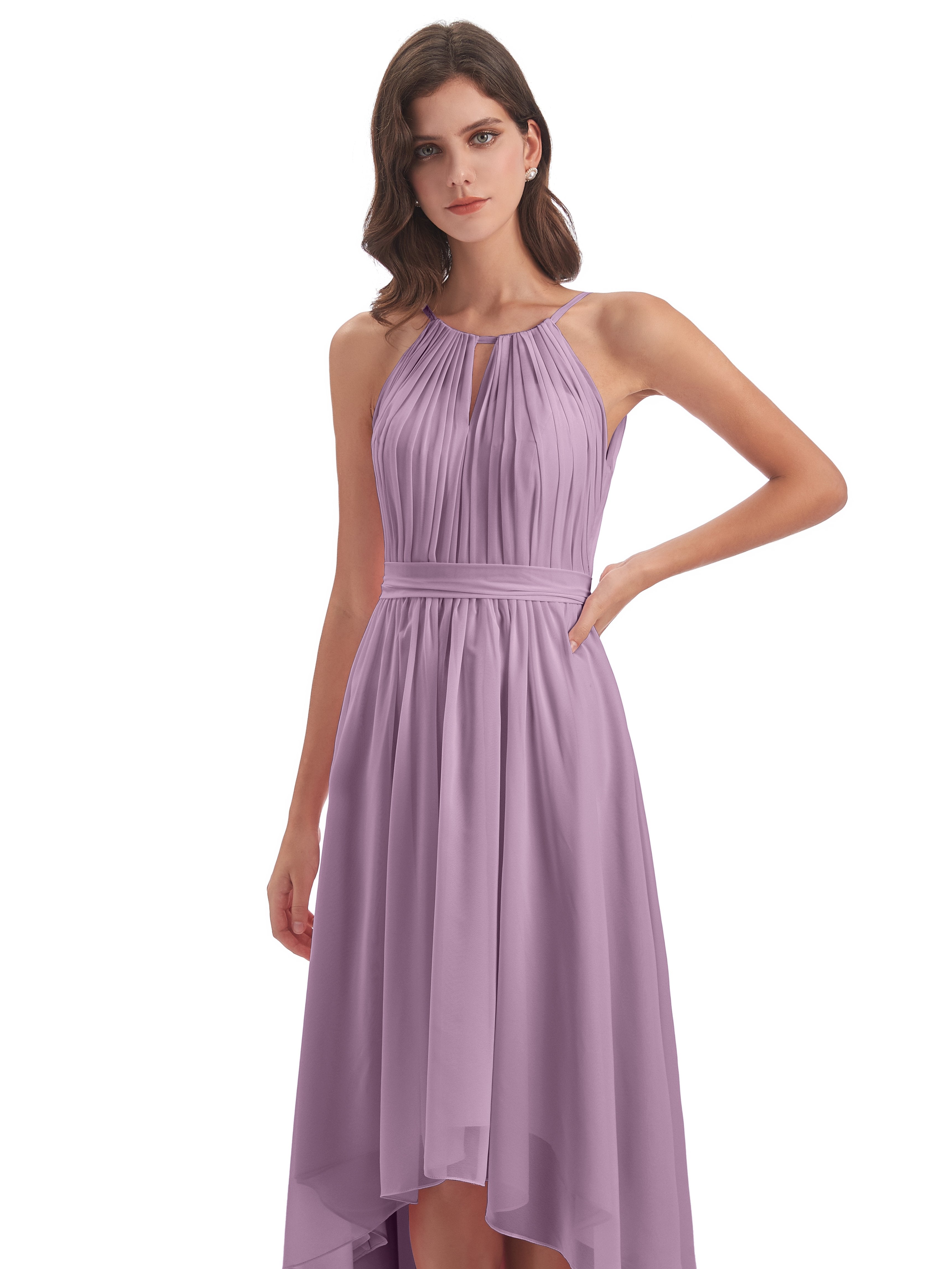 Oaklee Asymmetrical High Low Halter Chiffon Bridesmaid Dresses