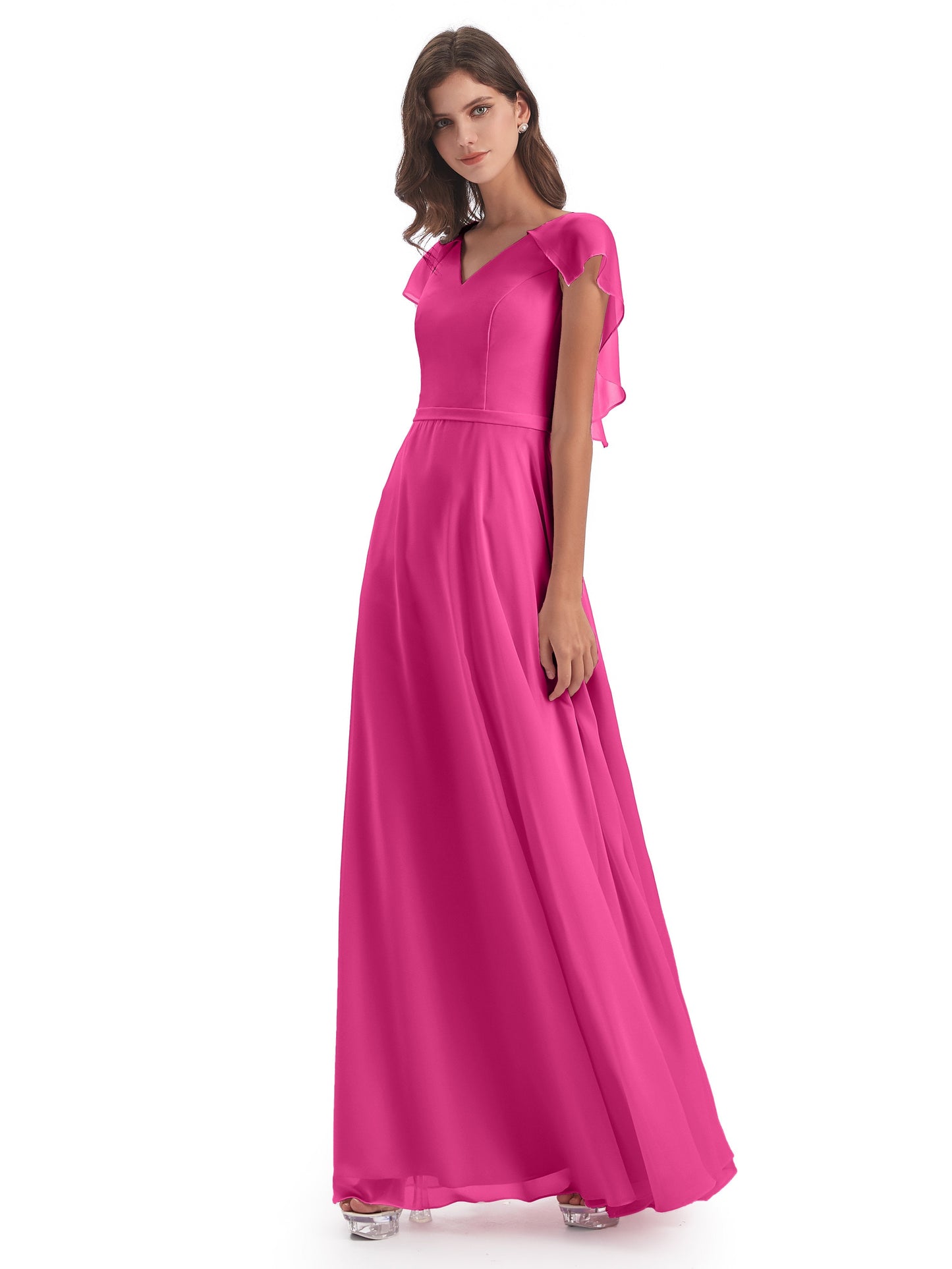 Paityn Sheath V-neck Ruffles Chiffon Long Bridesmaid Dresses