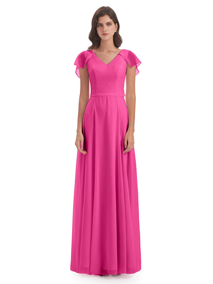 Paityn Sheath V-neck Ruffles Chiffon Long Bridesmaid Dresses