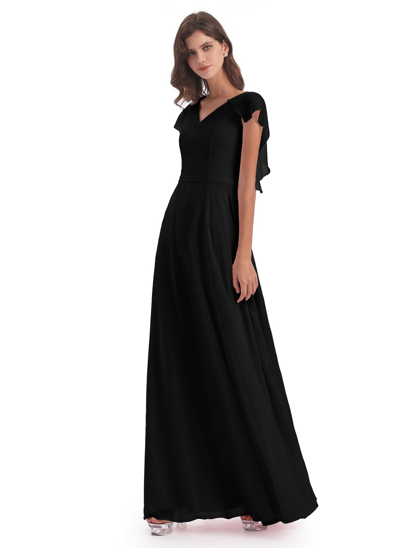 Paityn Sheath V-neck Ruffles Chiffon Long Bridesmaid Dresses