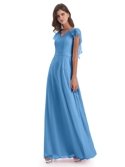 Paityn Sheath V-neck Ruffles Chiffon Long Bridesmaid Dresses