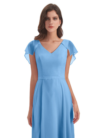 Paityn Sheath V-neck Ruffles Chiffon Long Bridesmaid Dresses