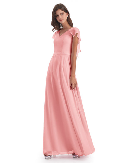 Paityn Sheath V-neck Ruffles Chiffon Long Bridesmaid Dresses