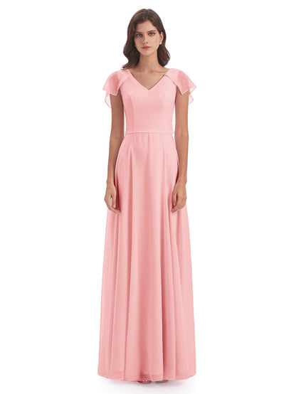Paityn Sheath V-neck Ruffles Chiffon Long Bridesmaid Dresses