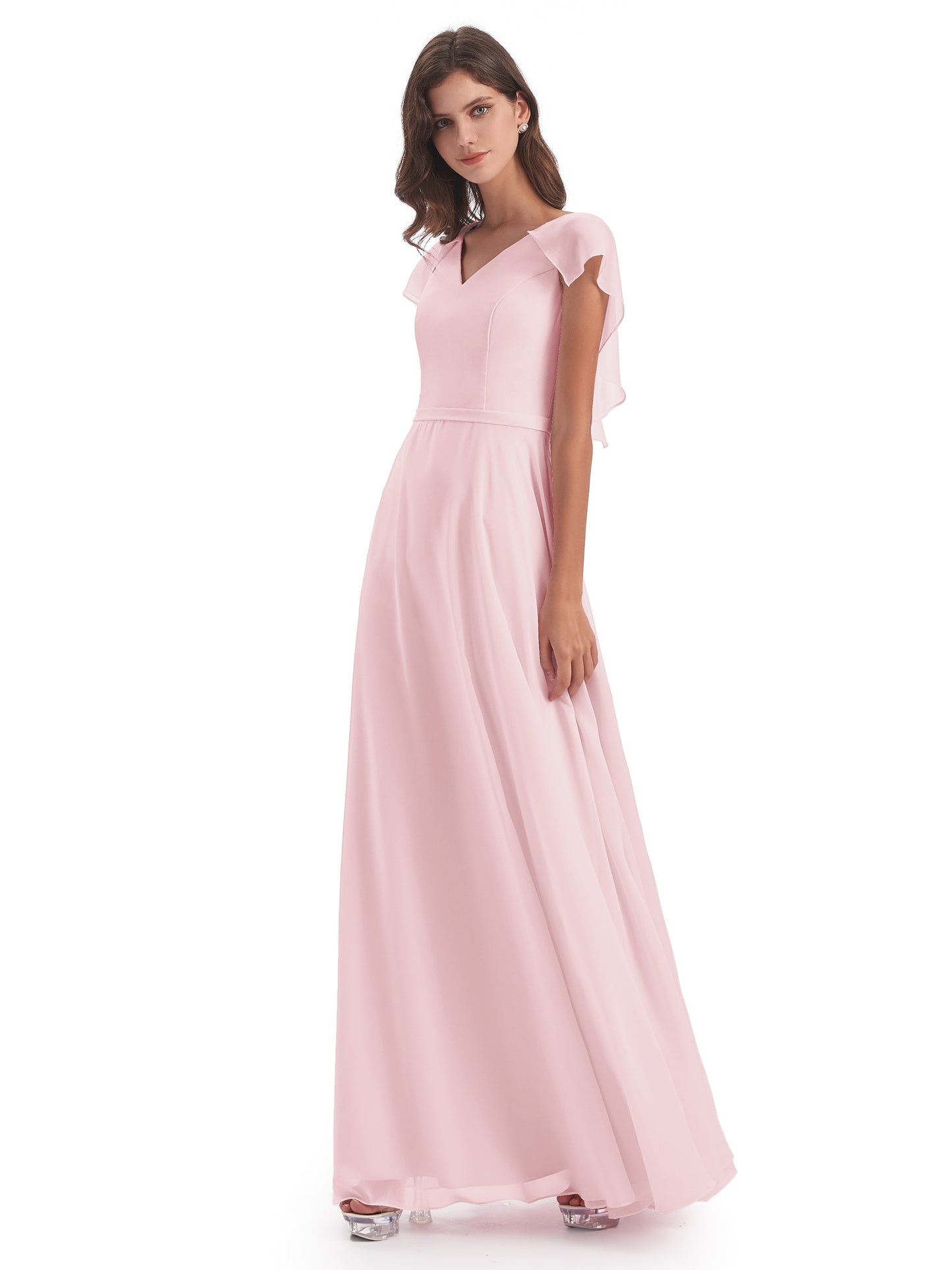 Paityn Sheath V-neck Ruffles Chiffon Long Bridesmaid Dresses