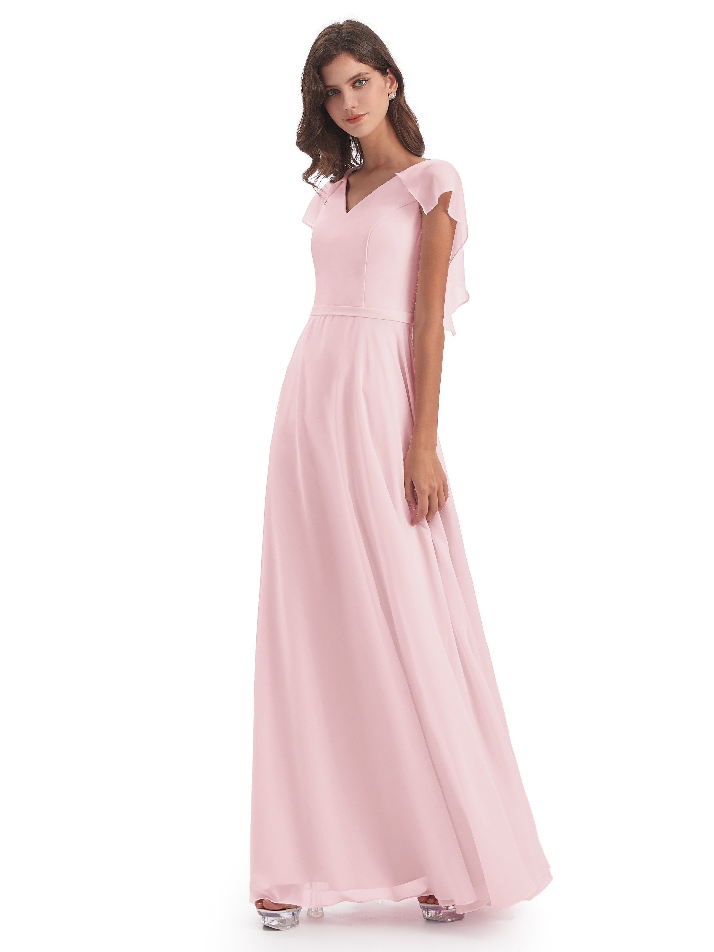Paityn Sheath V-neck Ruffles Chiffon Long Bridesmaid Dresses