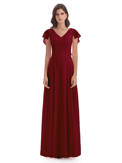 Paityn Sheath V-neck Ruffles Chiffon Long Bridesmaid Dresses