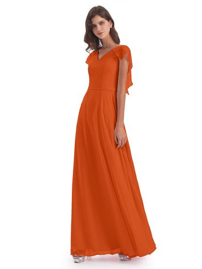 Paityn Sheath V-neck Ruffles Chiffon Long Bridesmaid Dresses