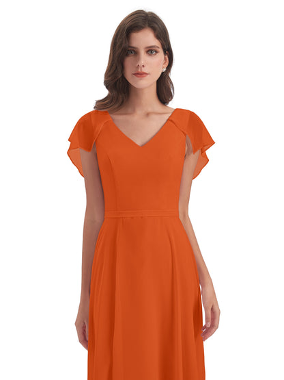 Paityn Sheath V-neck Ruffles Chiffon Long Bridesmaid Dresses