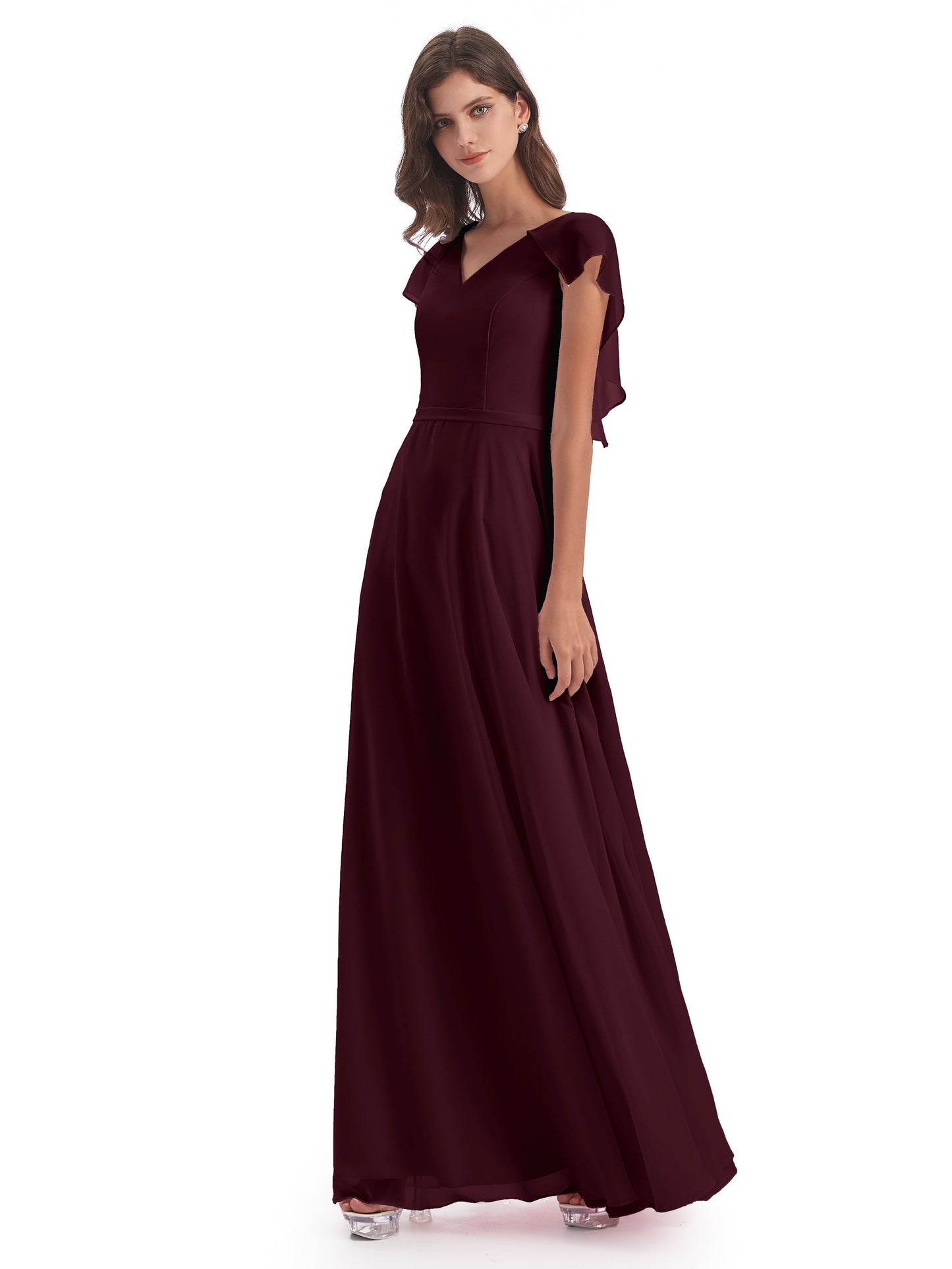 Paityn Sheath V-neck Ruffles Chiffon Long Bridesmaid Dresses