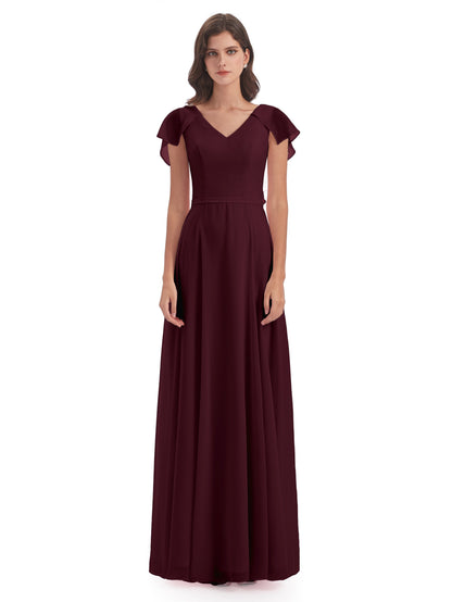Paityn Sheath V-neck Ruffles Chiffon Long Bridesmaid Dresses