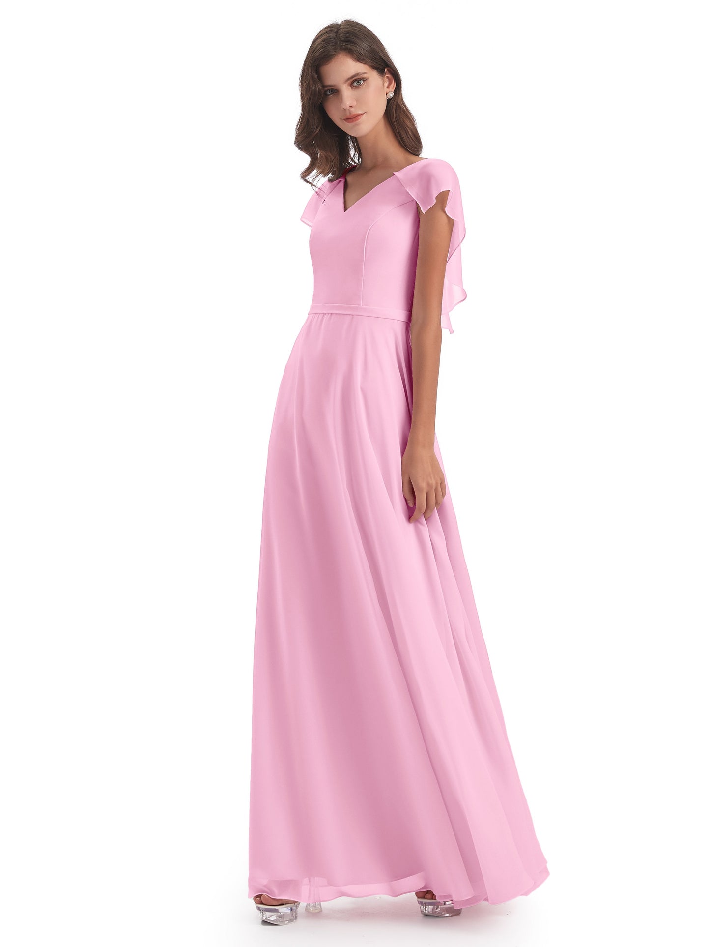 Paityn Sheath V-neck Ruffles Chiffon Long Bridesmaid Dresses