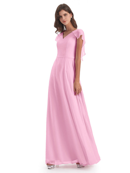 Paityn Sheath V-neck Ruffles Chiffon Long Bridesmaid Dresses