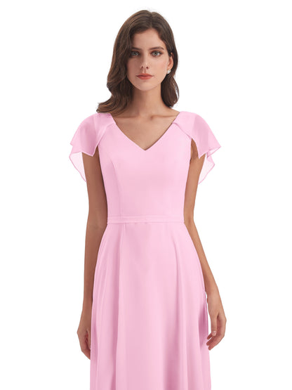 Paityn Sheath V-neck Ruffles Chiffon Long Bridesmaid Dresses