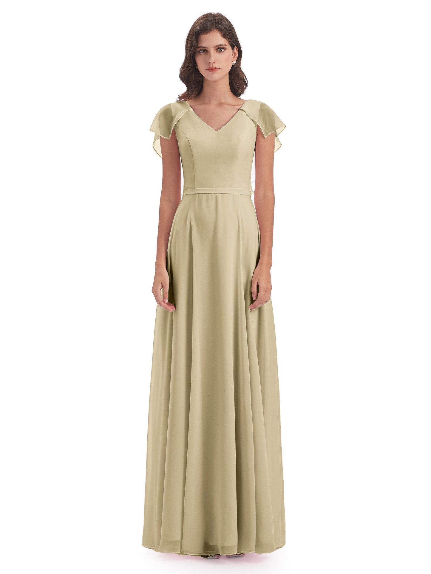 Paityn Sheath V-neck Ruffles Chiffon Long Bridesmaid Dresses