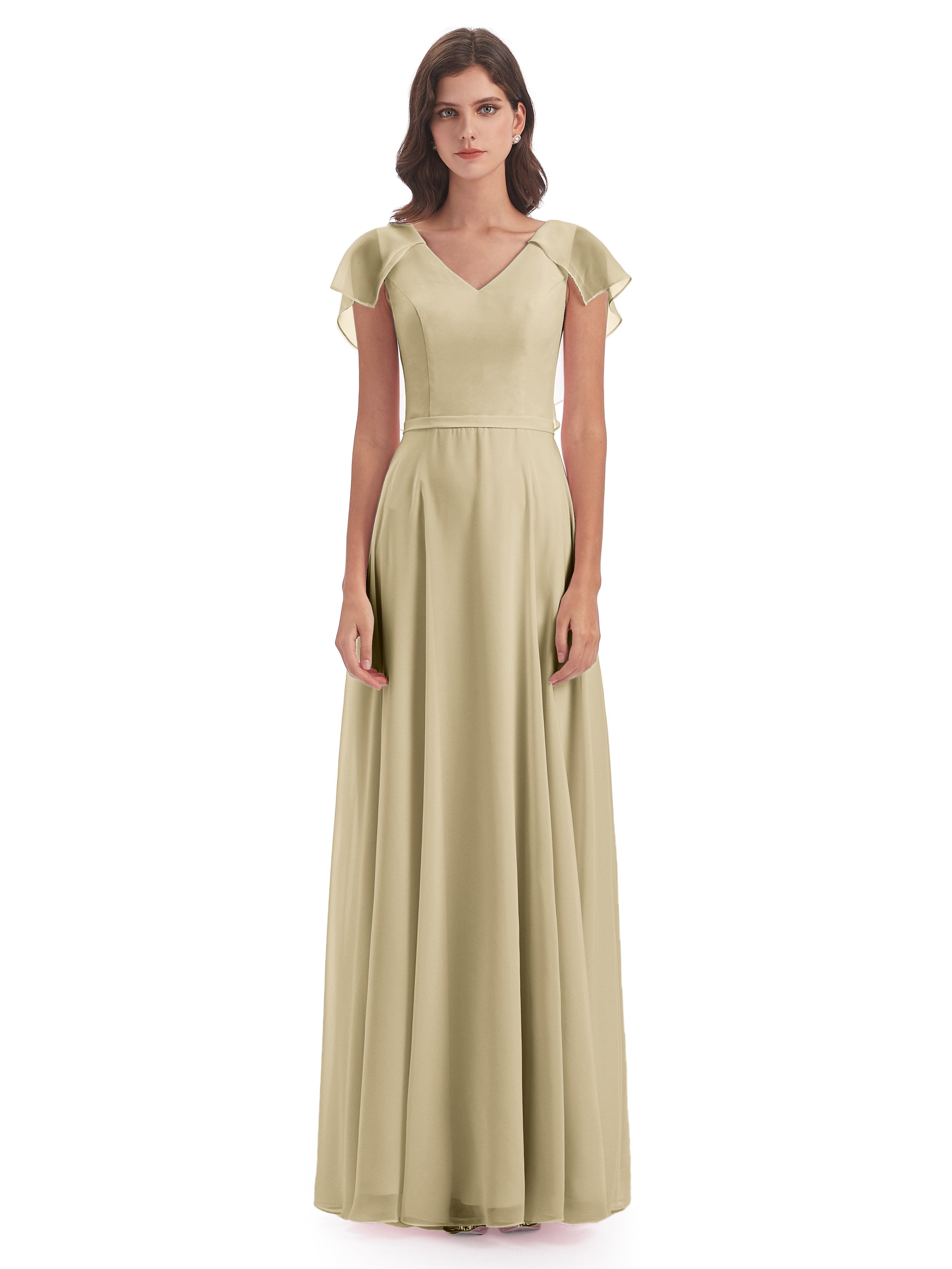 Paityn Sheath V-neck Ruffles Chiffon Long Bridesmaid Dresses