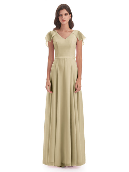 Paityn Sheath V-neck Ruffles Chiffon Long Bridesmaid Dresses