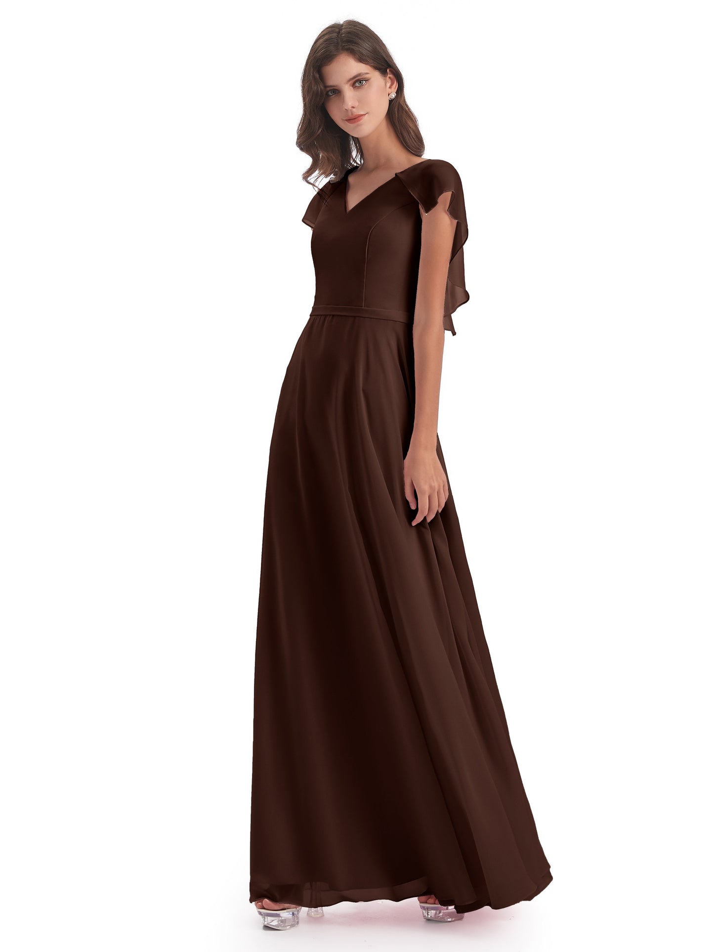 Paityn Sheath V-neck Ruffles Chiffon Long Bridesmaid Dresses