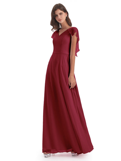 Paityn Sheath V-neck Ruffles Chiffon Long Bridesmaid Dresses