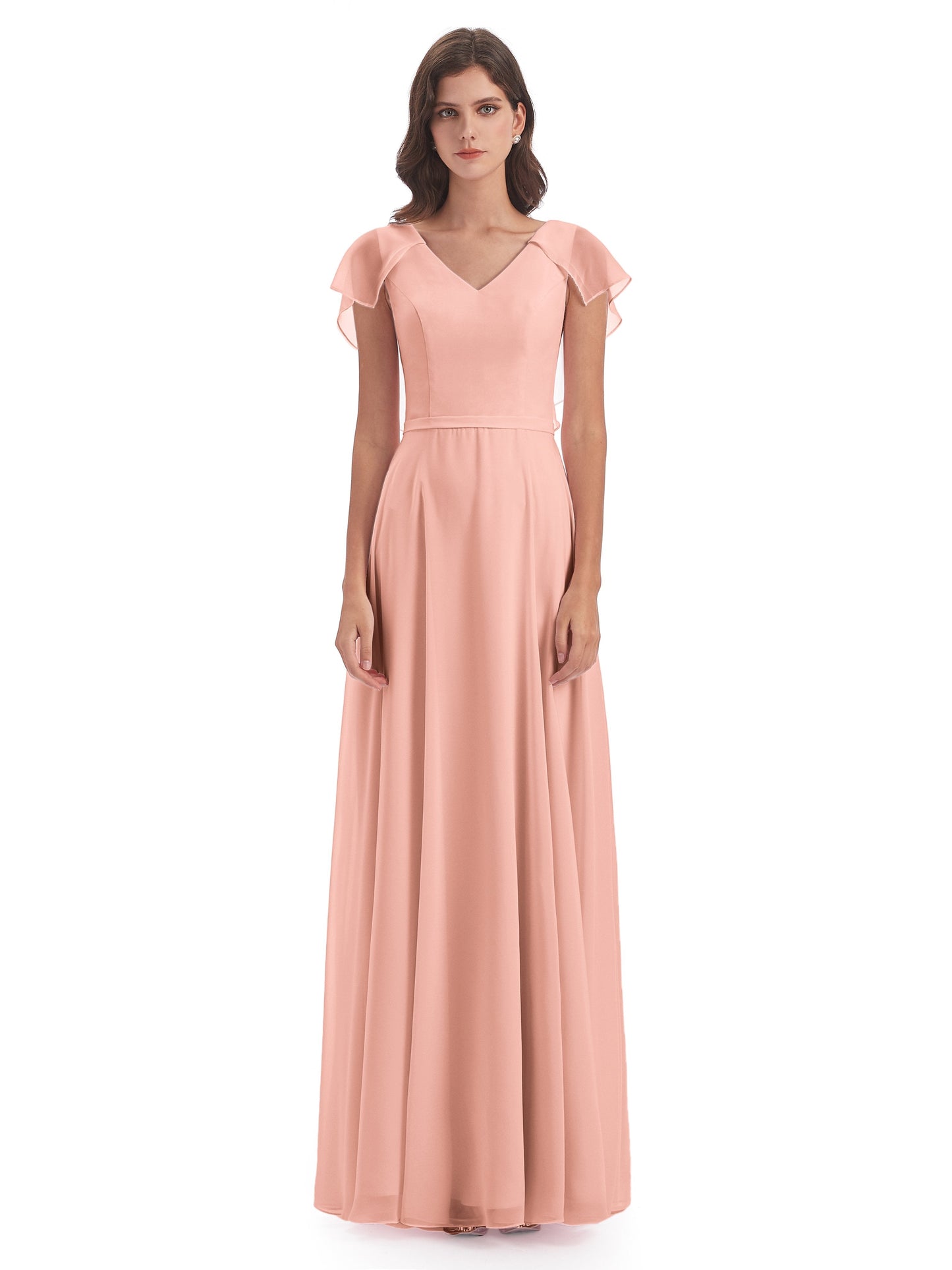 Paityn Sheath V-neck Ruffles Chiffon Long Bridesmaid Dresses