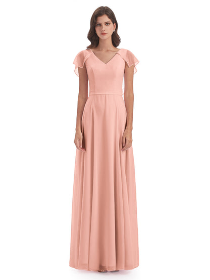 Paityn Sheath V-neck Ruffles Chiffon Long Bridesmaid Dresses