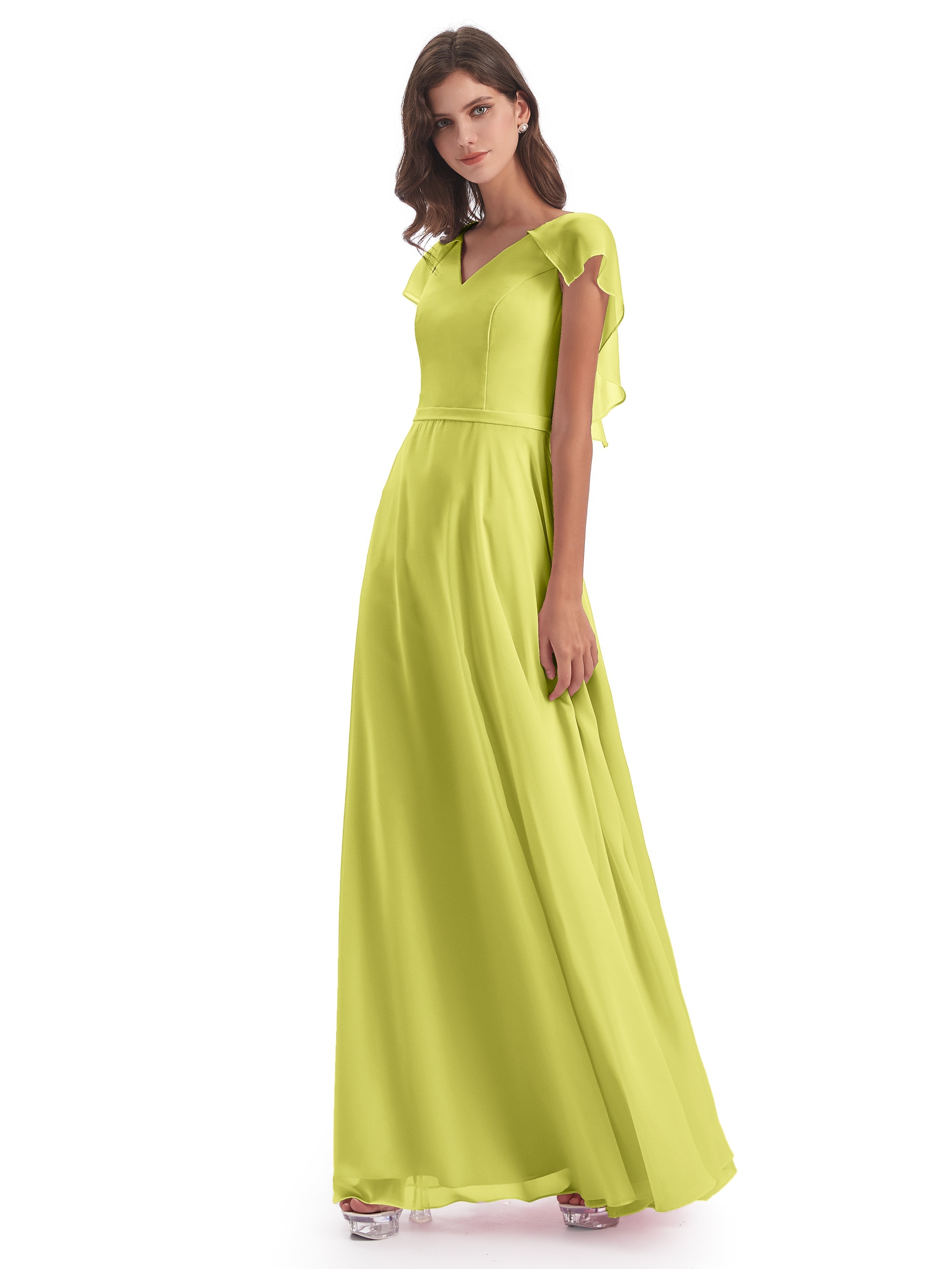 Paityn Sheath V-neck Ruffles Chiffon Long Bridesmaid Dresses