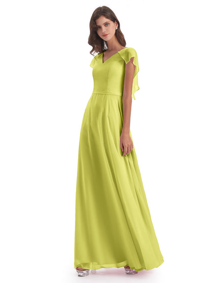 Paityn Sheath V-neck Ruffles Chiffon Long Bridesmaid Dresses