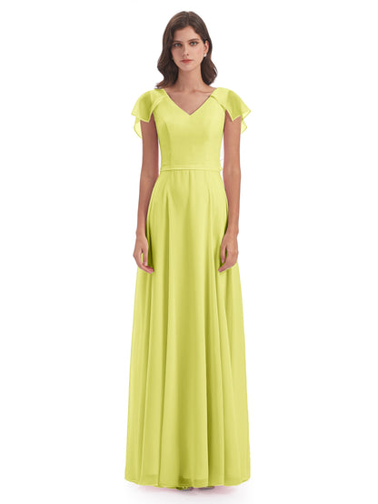 Paityn Sheath V-neck Ruffles Chiffon Long Bridesmaid Dresses