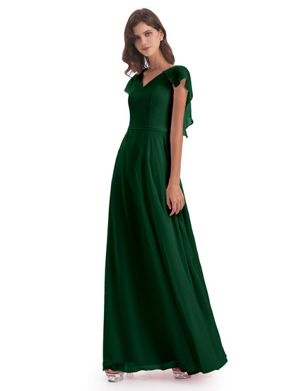 Paityn Sheath V-neck Ruffles Chiffon Long Bridesmaid Dresses