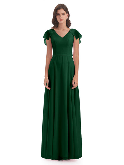 Paityn Sheath V-neck Ruffles Chiffon Long Bridesmaid Dresses