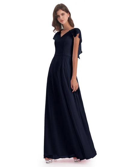 Paityn Sheath V-neck Ruffles Chiffon Long Bridesmaid Dresses