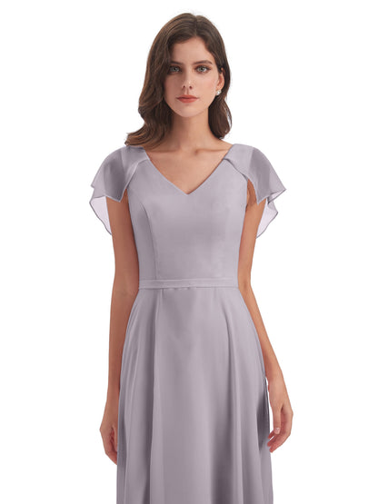 Paityn Sheath V-neck Ruffles Chiffon Long Bridesmaid Dresses
