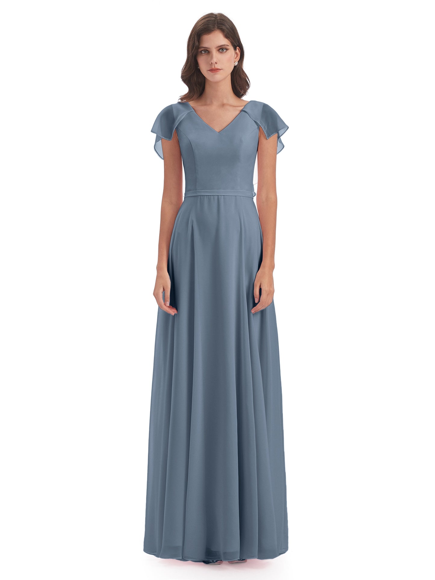 Paityn Sheath V-neck Ruffles Chiffon Long Bridesmaid Dresses
