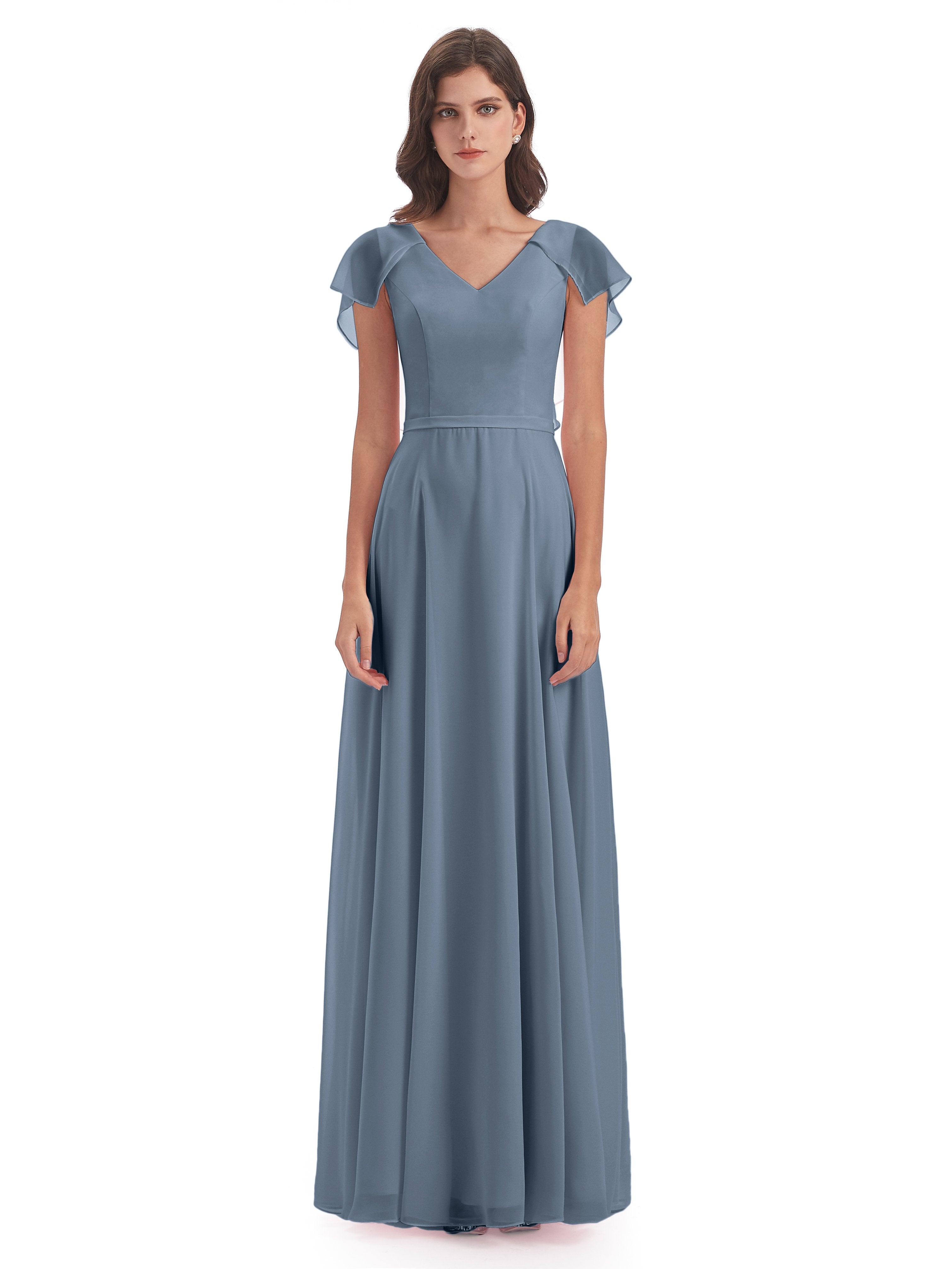 Paityn Sheath V-neck Ruffles Chiffon Long Bridesmaid Dresses