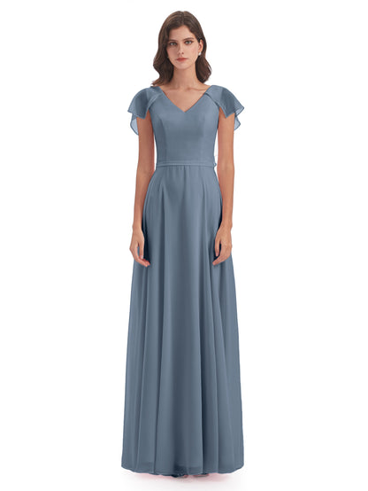 Paityn Sheath V-neck Ruffles Chiffon Long Bridesmaid Dresses