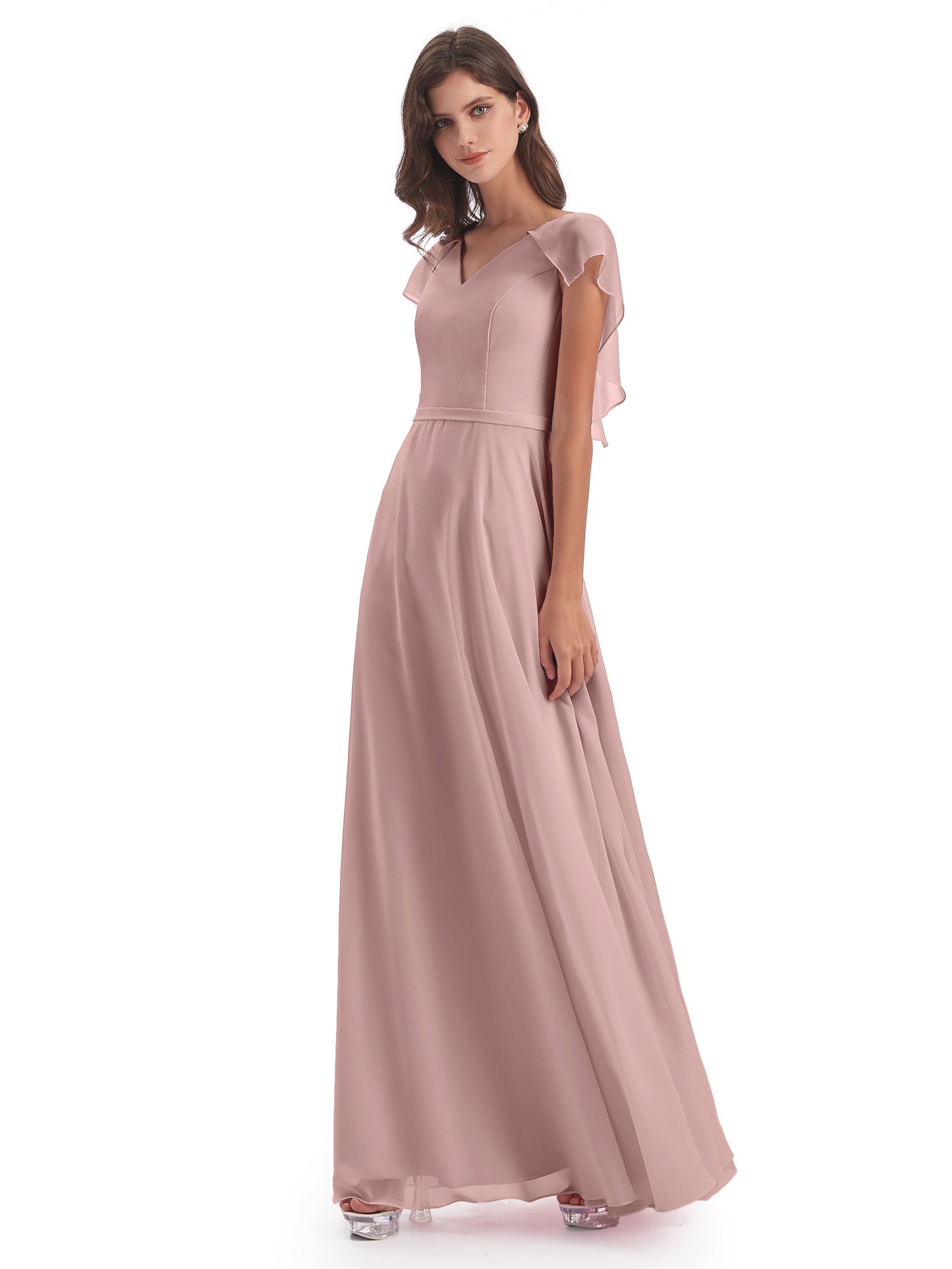 Paityn Sheath V-neck Ruffles Chiffon Long Bridesmaid Dresses