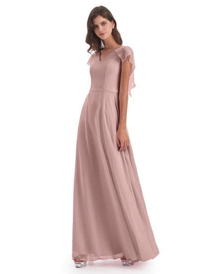 Paityn Sheath V-neck Ruffles Chiffon Long Bridesmaid Dresses