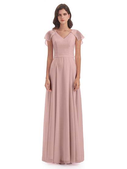 Paityn Sheath V-neck Ruffles Chiffon Long Bridesmaid Dresses