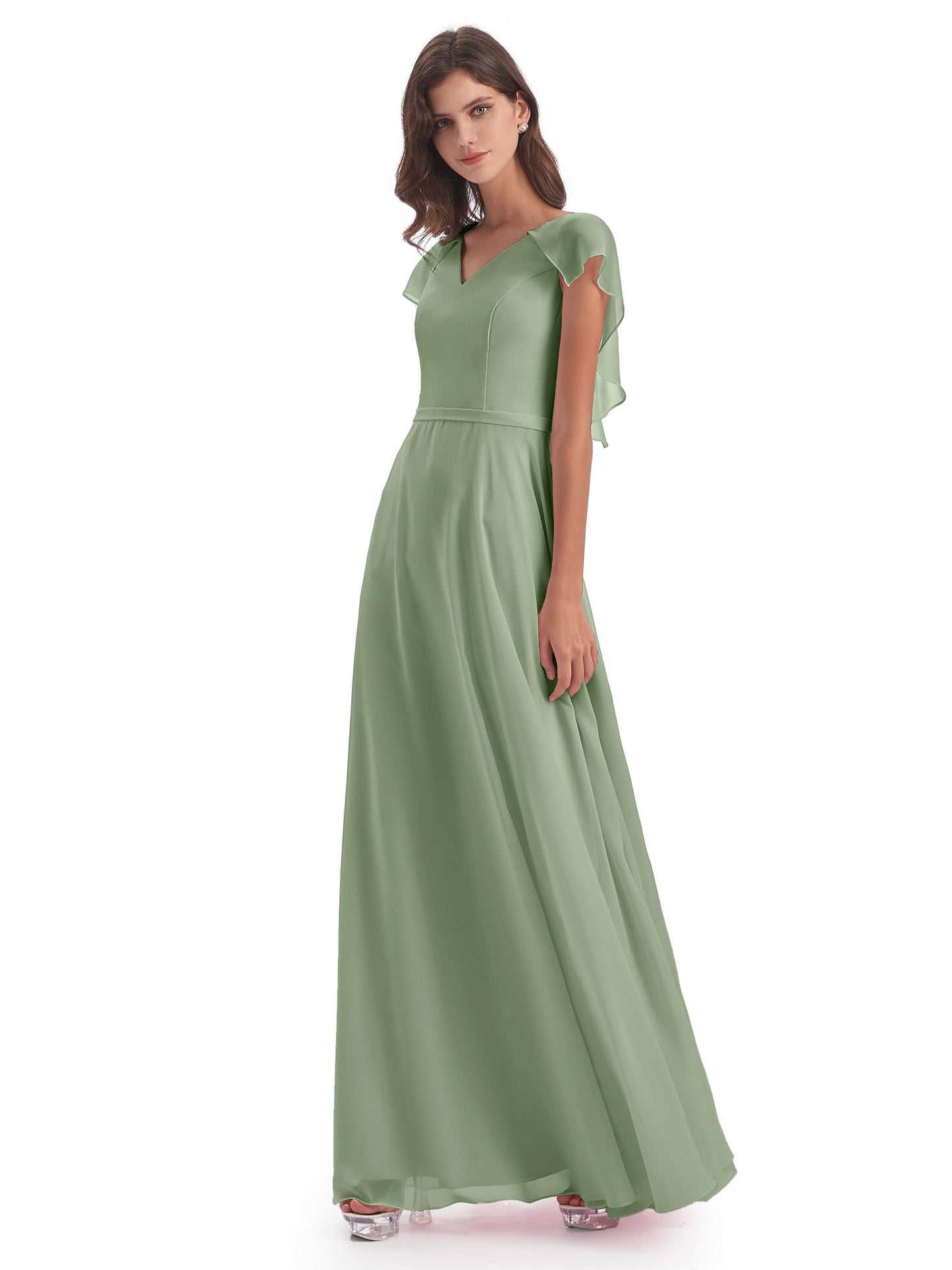Paityn Sheath V-neck Ruffles Chiffon Long Bridesmaid Dresses