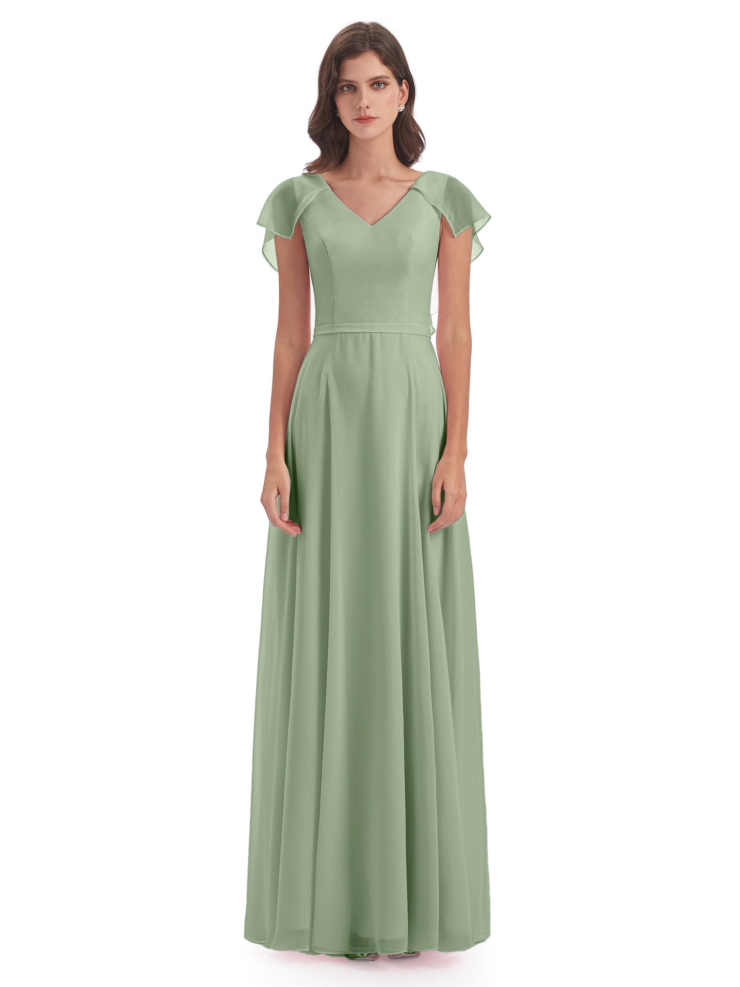 Paityn Sheath V-neck Ruffles Chiffon Long Bridesmaid Dresses