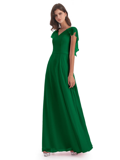 Paityn Sheath V-neck Ruffles Chiffon Long Bridesmaid Dresses