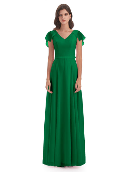 Paityn Sheath V-neck Ruffles Chiffon Long Bridesmaid Dresses