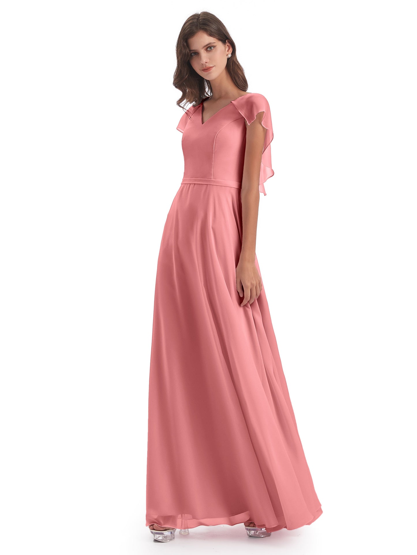 Paityn Sheath V-neck Ruffles Chiffon Long Bridesmaid Dresses