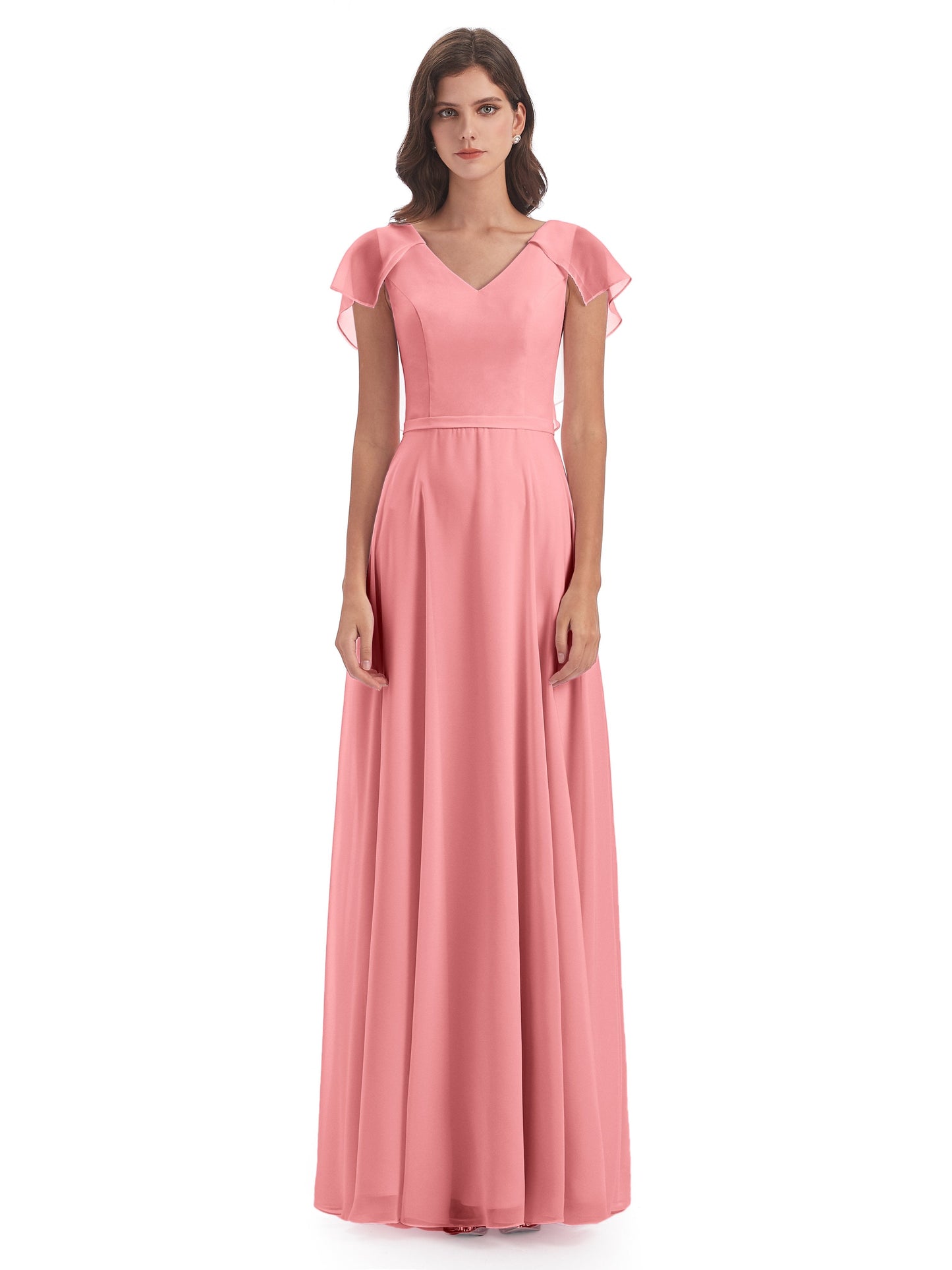 Paityn Sheath V-neck Ruffles Chiffon Long Bridesmaid Dresses