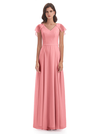 Paityn Sheath V-neck Ruffles Chiffon Long Bridesmaid Dresses