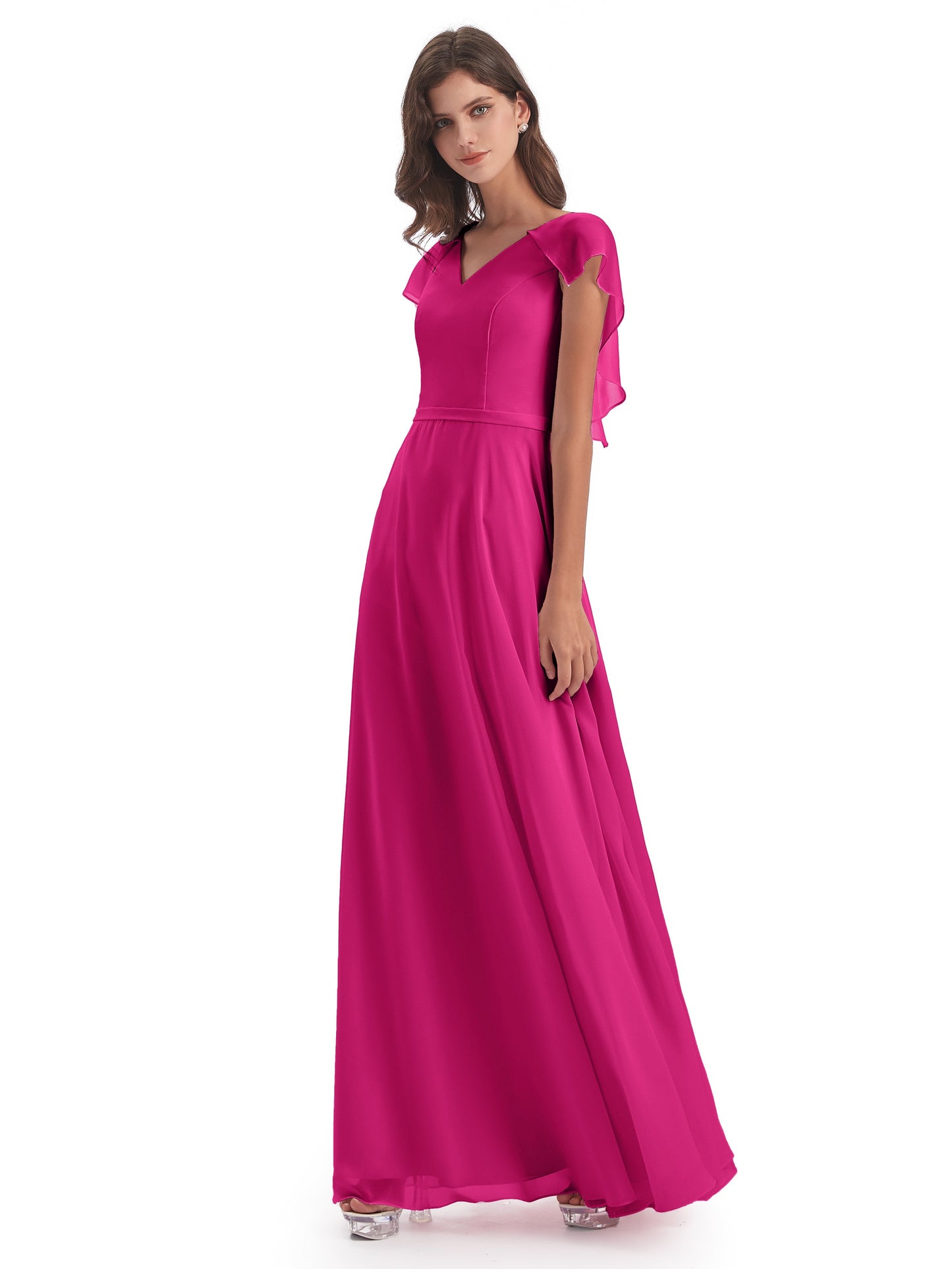 Paityn Sheath V-neck Ruffles Chiffon Long Bridesmaid Dresses
