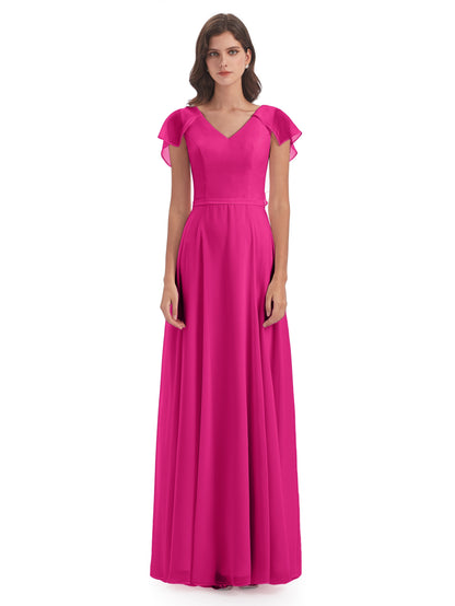 Paityn Sheath V-neck Ruffles Chiffon Long Bridesmaid Dresses